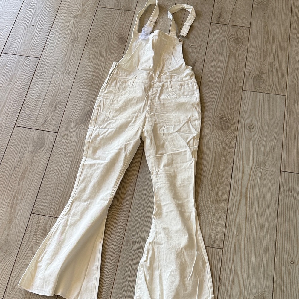 Pink Lily Cream Flared Denim Overalls